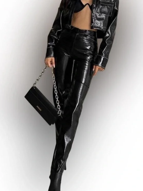 MESHKI Black Oakleigh Straight Leg Patent Pants Faux Leather Black Glossy Small - Picture 1 of 6